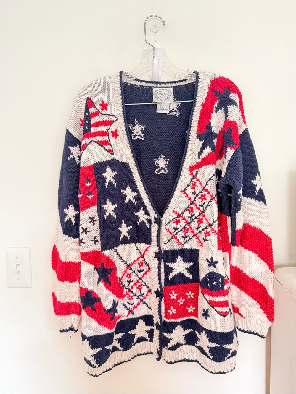 Vintage 90s Americana Flag Knit Cardigan Sweater Chunky Star embroidery patrioti